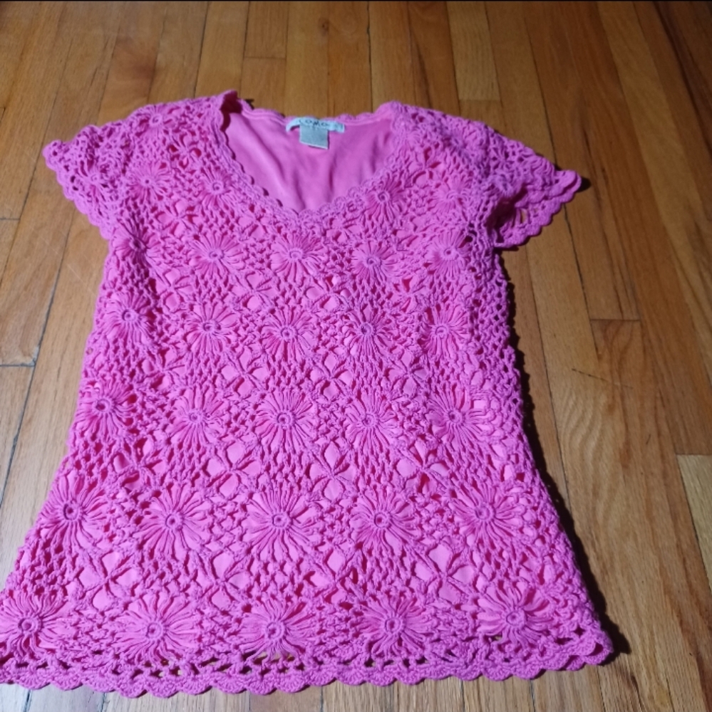 Pink Crochet Short Sleeve Top W Underliner Med